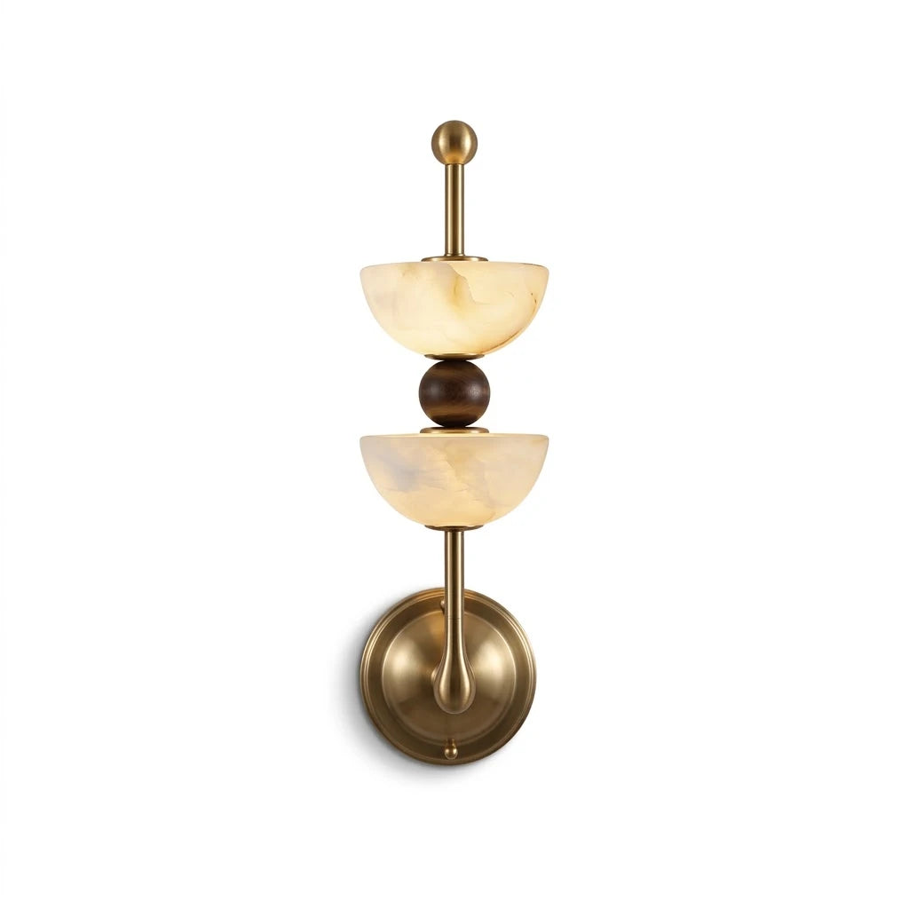 Modern Dual Alabaster Bowl and Wood Sphere Wall Sconce with Brass Hardware on Pure White Background