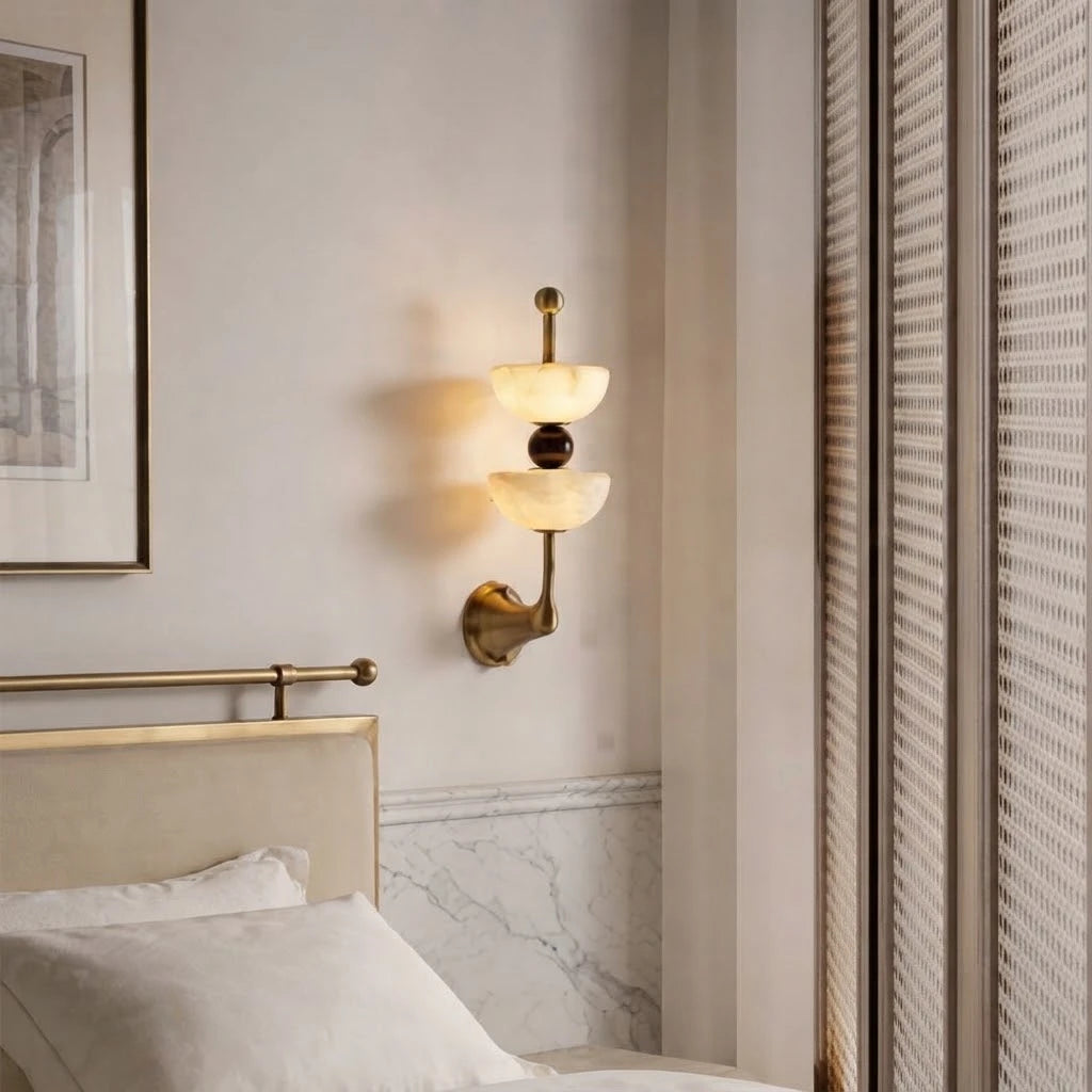 Modern Dual Alabaster Bowl Wall Sconce Over Master Bedside