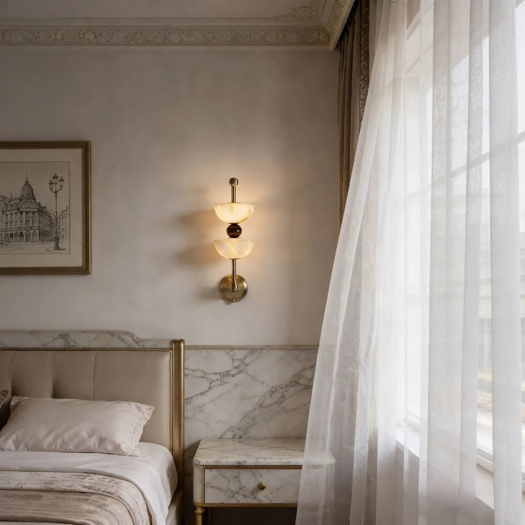 Modern Dual Alabaster Bowl Wall Sconce in Bedroom Interior