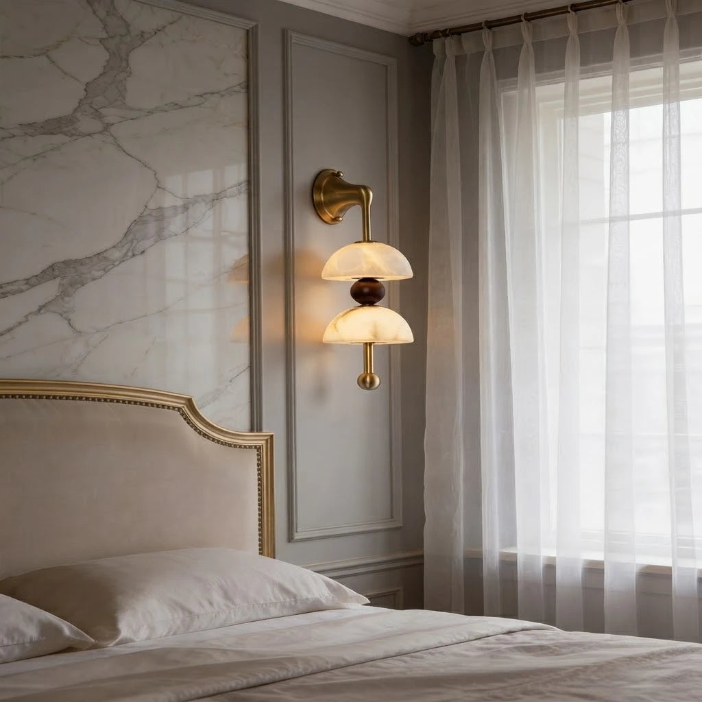 Side View of Modern Alabaster Wall Sconce in Bedroom Setting