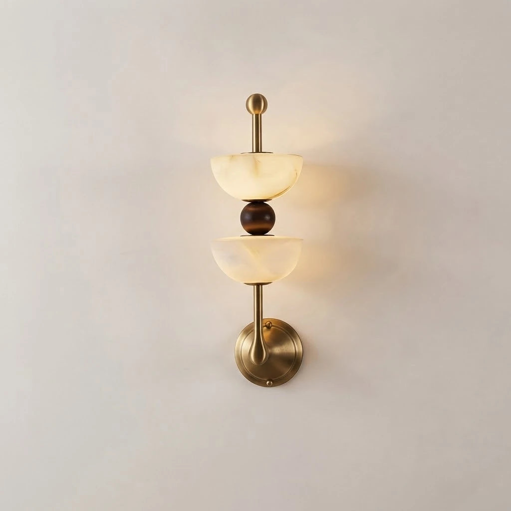 Front View of Illuminated Modern Dual Alabaster Bowl Wall Sconce