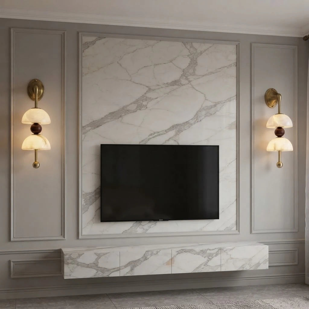 Modern Dual Alabaster Bowl Wall Sconces Framing TV Feature Wall