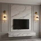 Modern Dual Alabaster Bowl Wall Sconces Framing TV Feature Wall