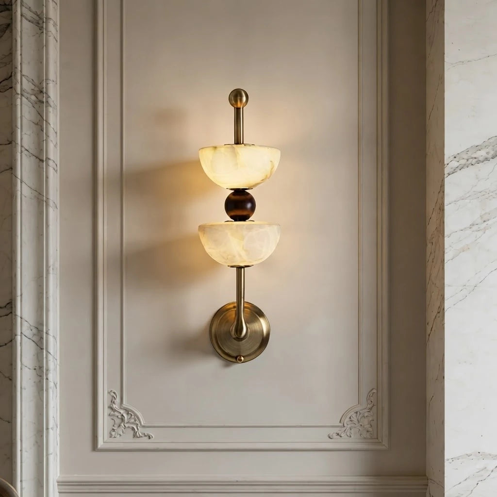 Illuminated Modern Dual Alabaster Bowl Wall Sconce on Paneled Wall