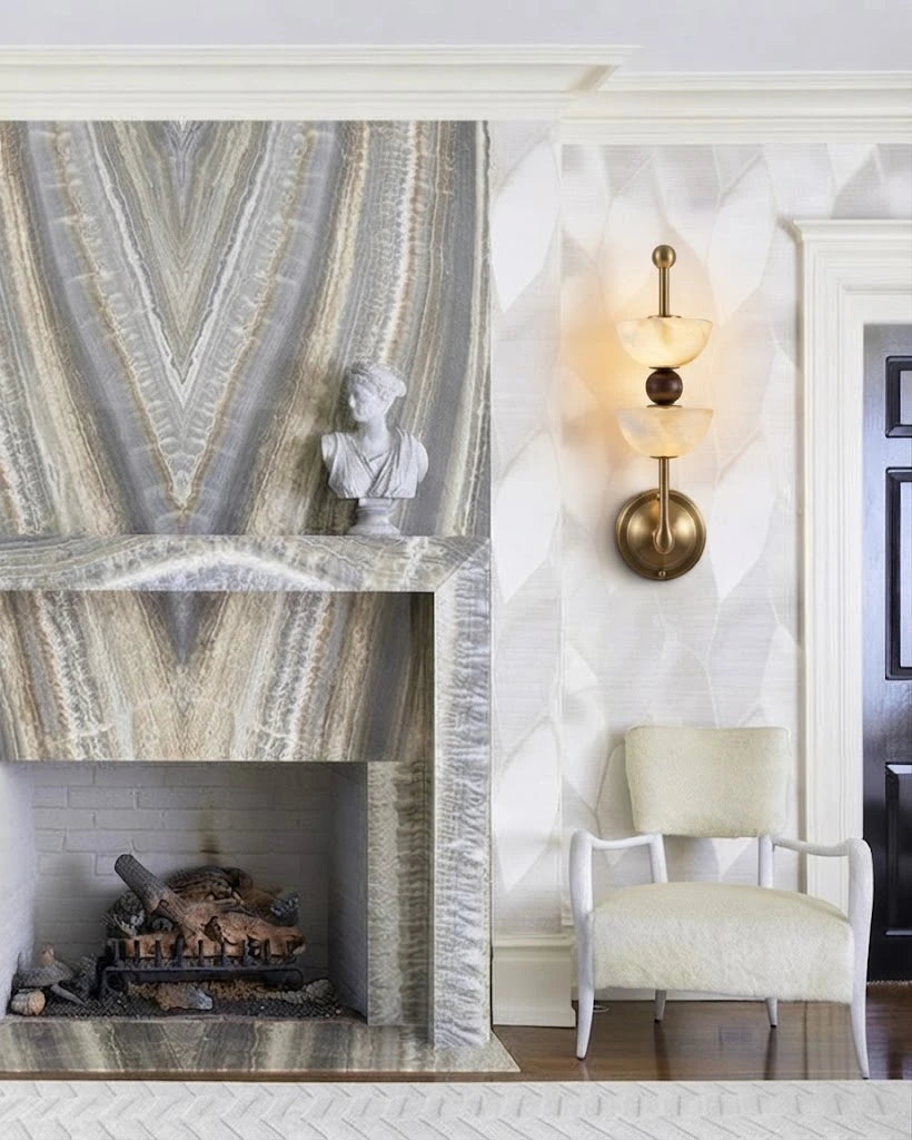 Modern Dual Alabaster Bowl Wall Sconce Near Fireplace Mantel