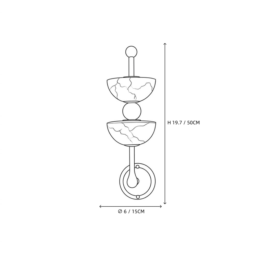 Modern Dual Alabaster Bowl and Wood Sphere Wall Sconce Line Art Dimension Diagram