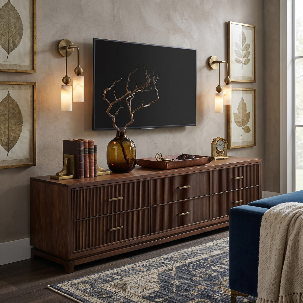 Brass Alabaster Sconces Flanking TV Credenza in Living Room