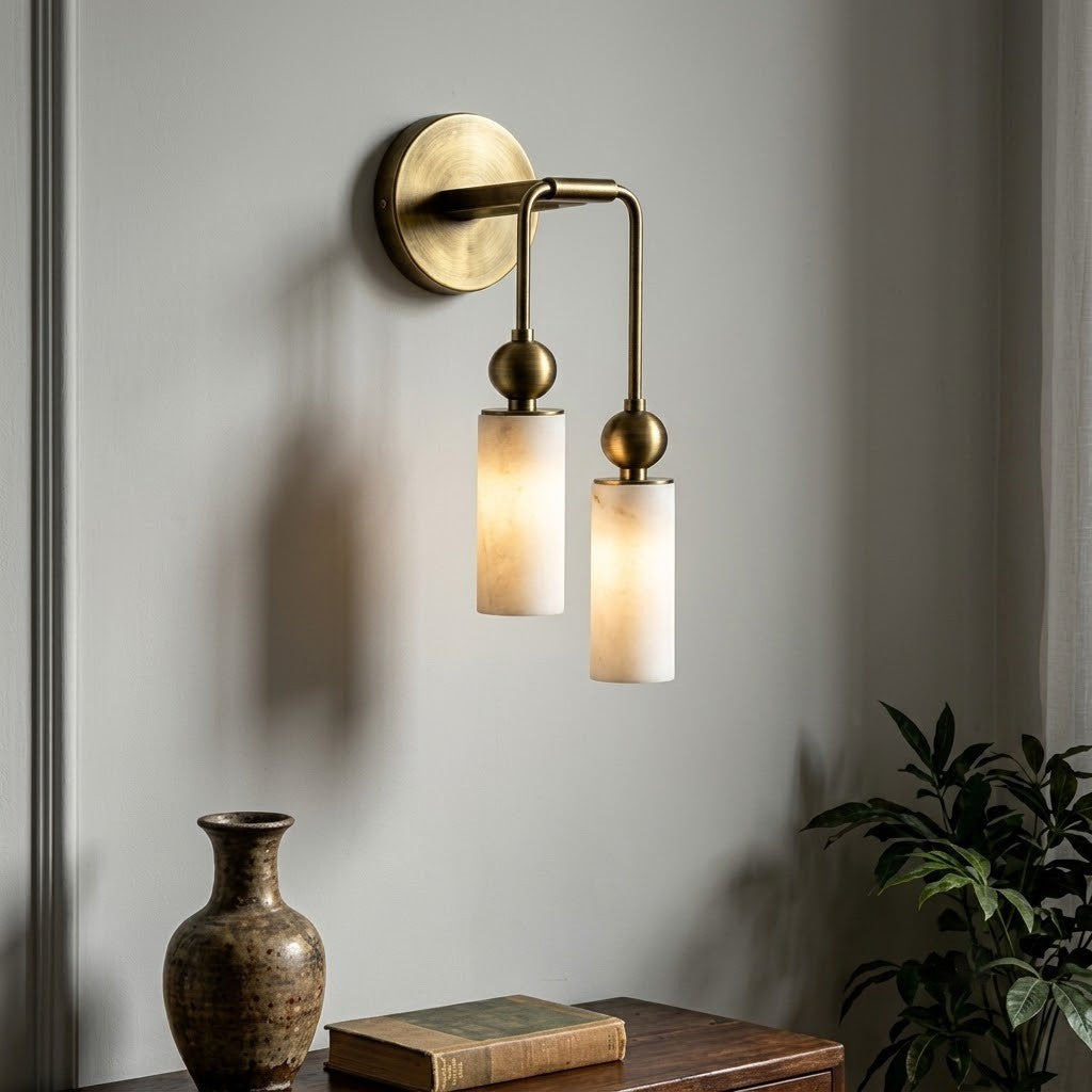 Brass 2-Light Alabaster Wall Sconce Interior Display