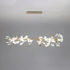 Illuminated Modern Extended Gold Ginkgo Leaf Linear Chandelier Studio Shot