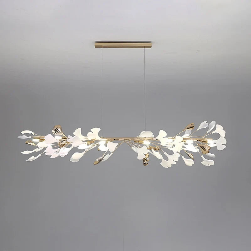 Illuminated Modern Extended Gold Ginkgo Leaf Linear Chandelier Studio Shot