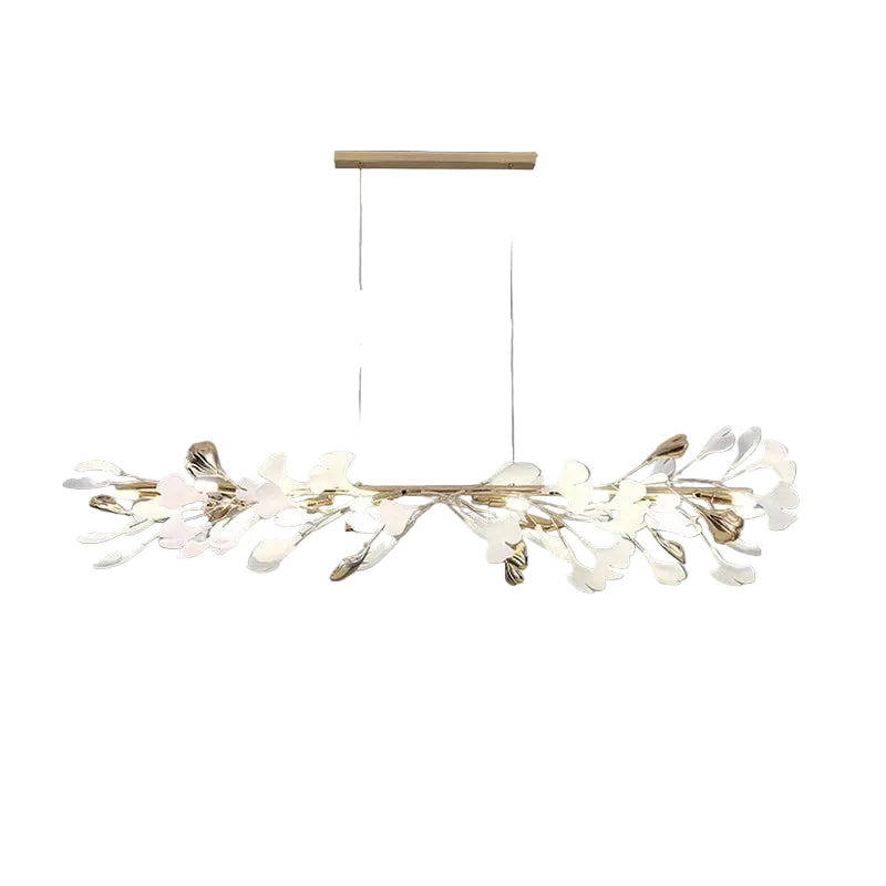 Modern Extended Gold Branch and White Ginkgo Leaf Linear Chandelier on Pure White Background