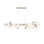 Modern Extended Gold Branch and White Ginkgo Leaf Linear Chandelier on Pure White Background