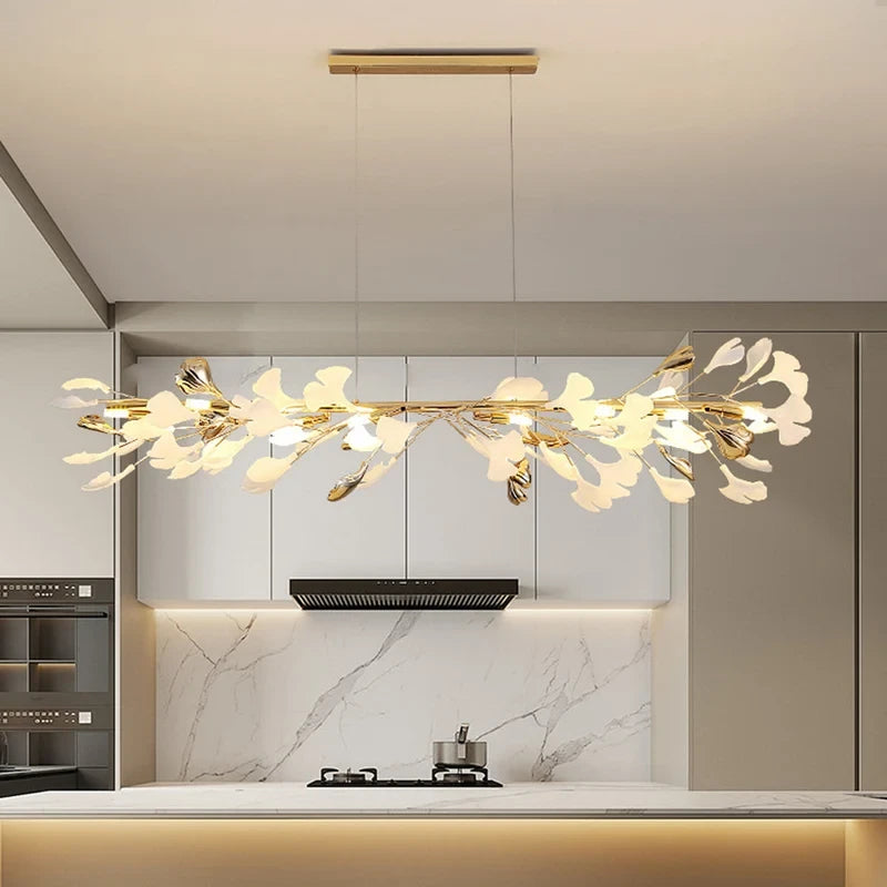 Modern Gold Ginkgo Leaf Chandelier in Bright Kitchen Setting