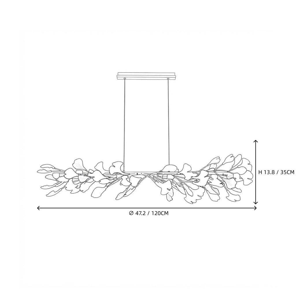 Modern Extended Gold Ginkgo Leaf Linear Chandelier Line Art Dimension Diagram