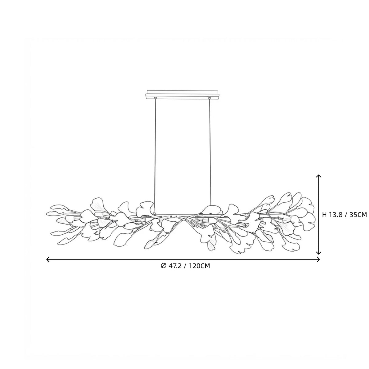 Modern Extended Gold Ginkgo Leaf Linear Chandelier Line Art Dimension Diagram