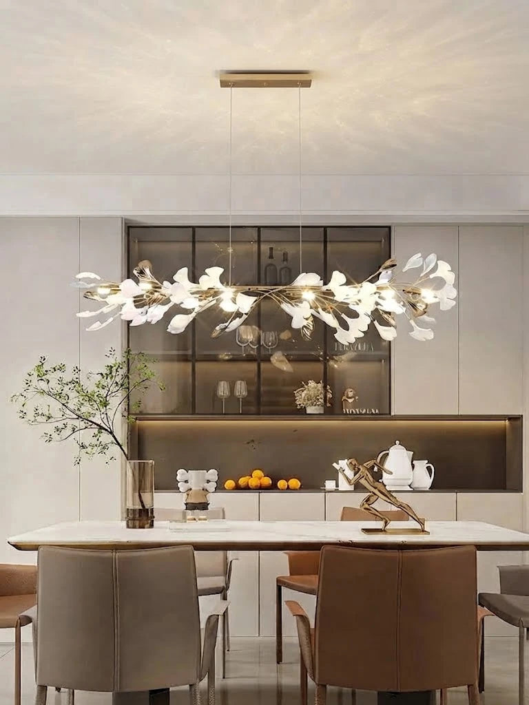 Modern Gold Ginkgo Leaf Linear Chandelier in Contemporary Interior