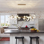 Modern Extended Gold Ginkgo Leaf Linear Chandelier Over Kitchen Counter