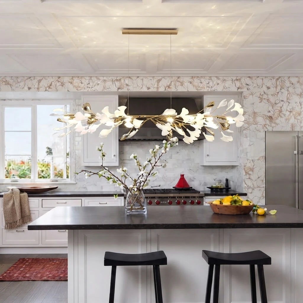 Modern Extended Gold Ginkgo Leaf Linear Chandelier Over Kitchen Counter