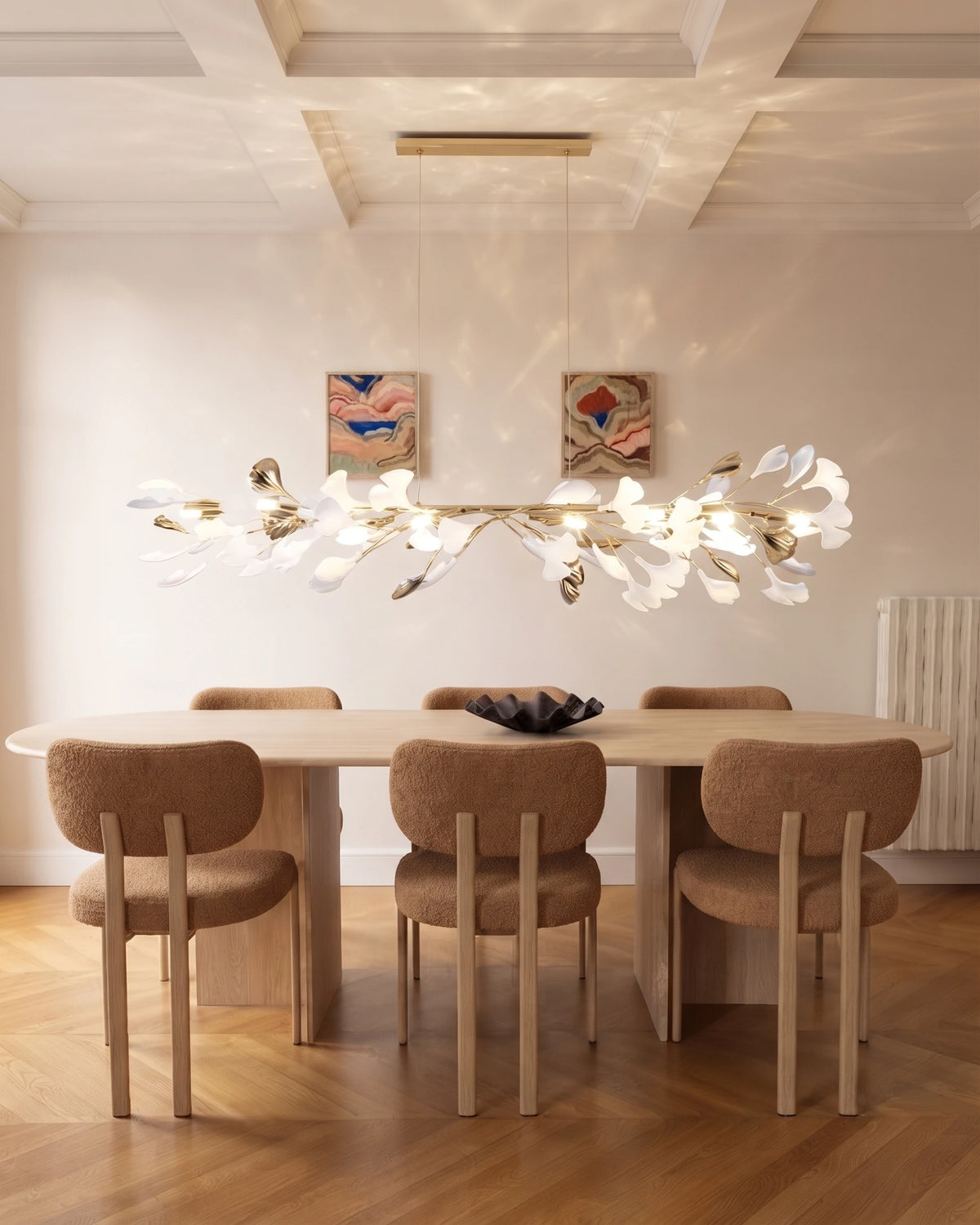 Modern Extended Gold Ginkgo Leaf Chandelier in Modern Dining Room