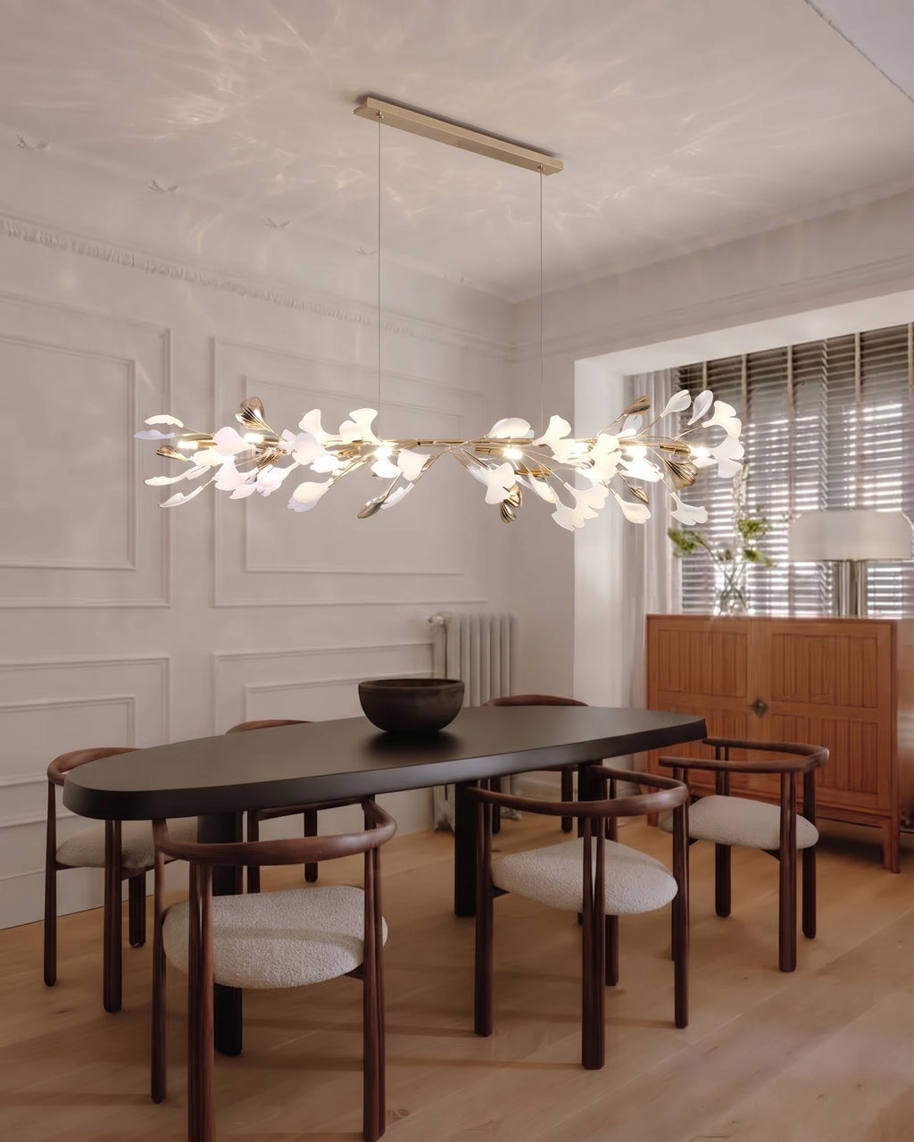 Modern Gold Branch Linear Chandelier in Classic Dining Room