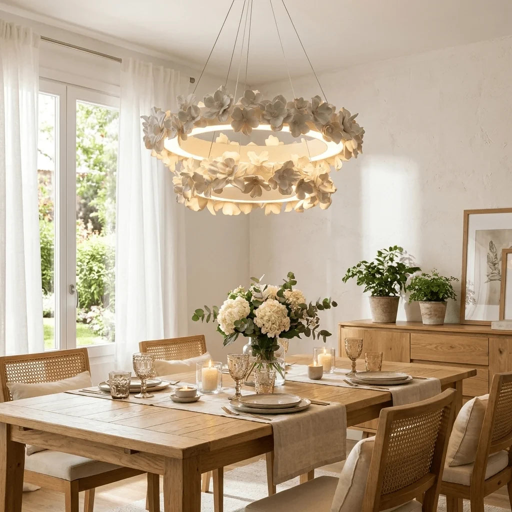 Modern Floral Art Glass Chandelier in Dining Room Interior