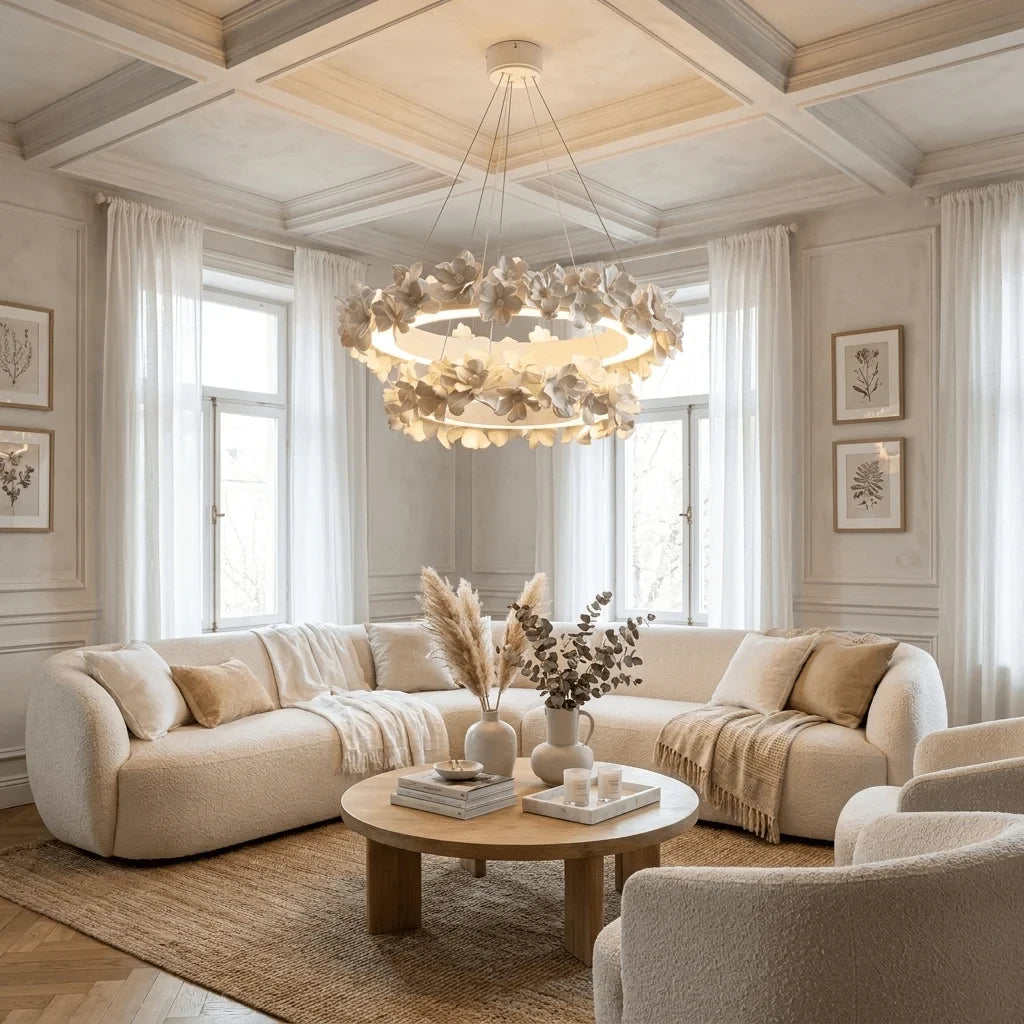 Modern Floral Ring Art Glass Chandelier in Open Plan Living Area