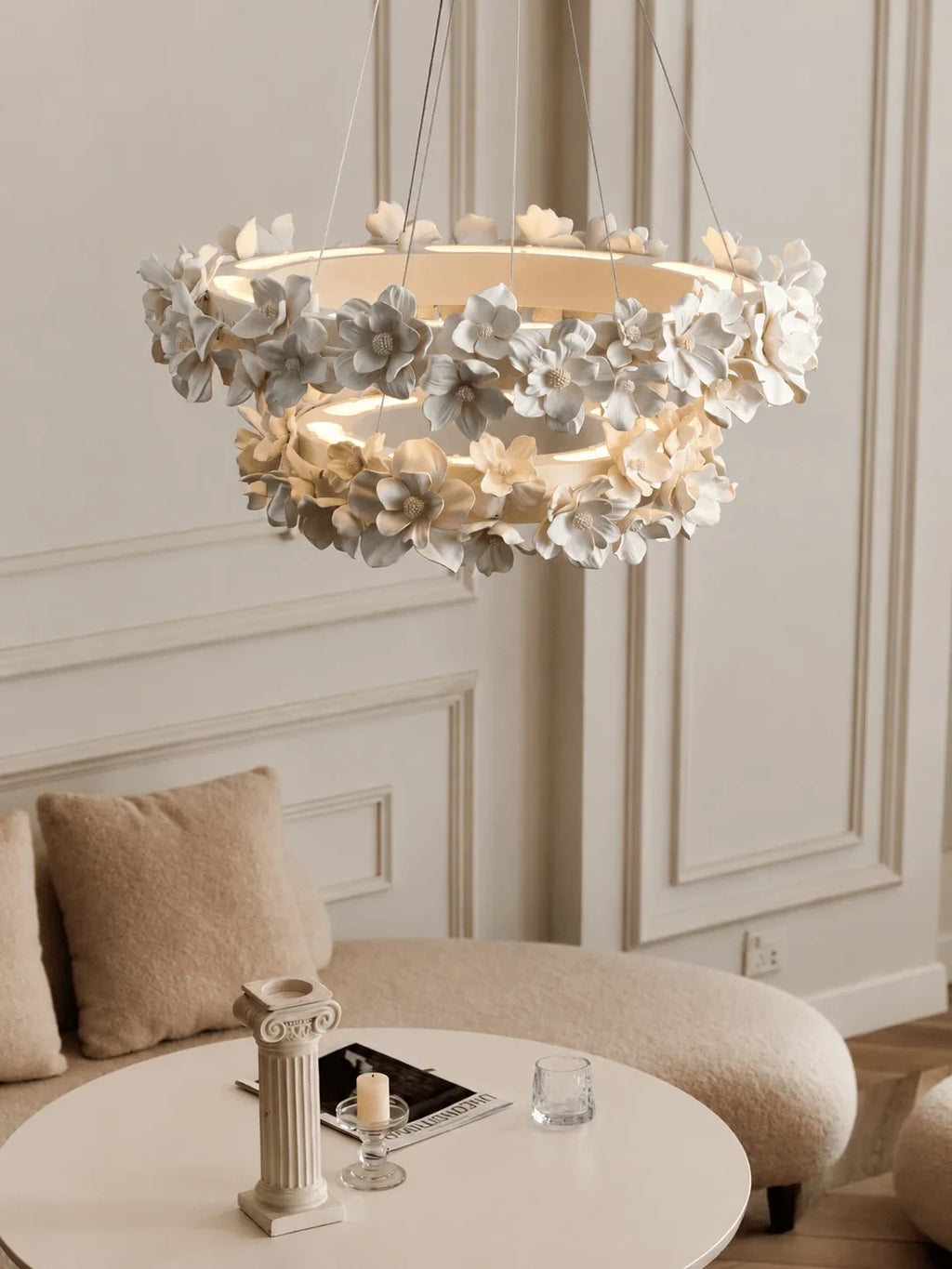 Modern Floral Art Glass Chandelier in Minimalist Living Room