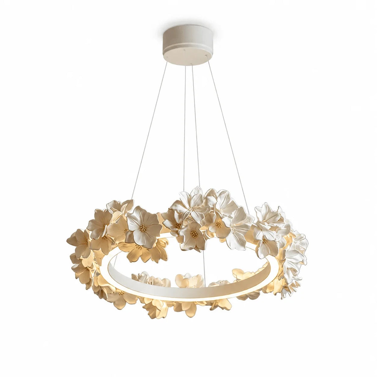 Modern Floral Ring Art Glass Chandelier with White Petals and Circular LED Ring on Pure White Background