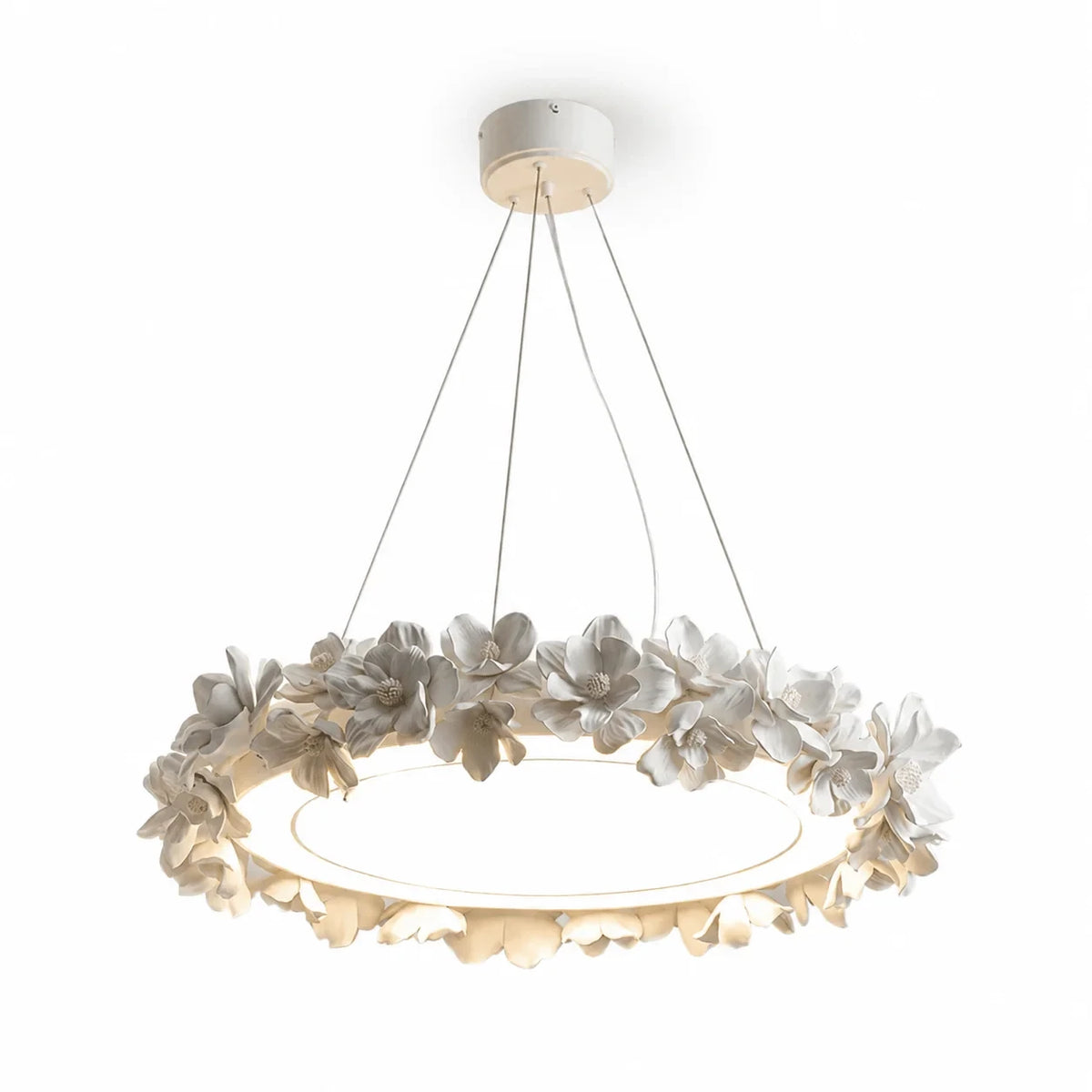 Bottom Up View of Illuminated Modern Floral Ring Chandelier
