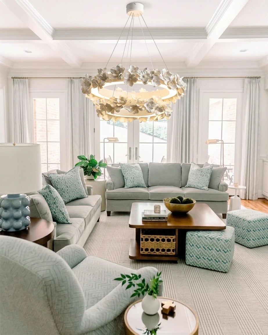 Modern Floral Ring Art Glass Chandelier in Elegant Living Room