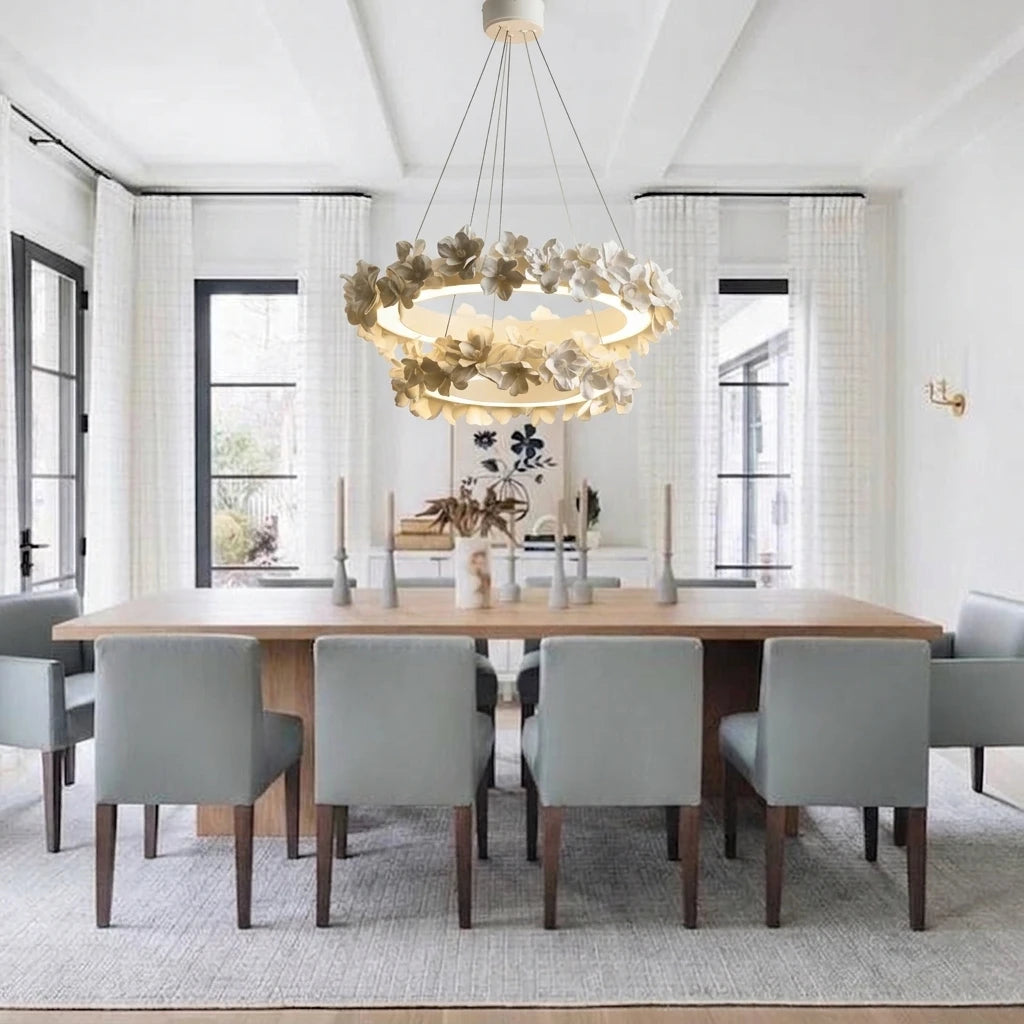 Modern Floral Art Glass Chandelier in Bright Dining Area