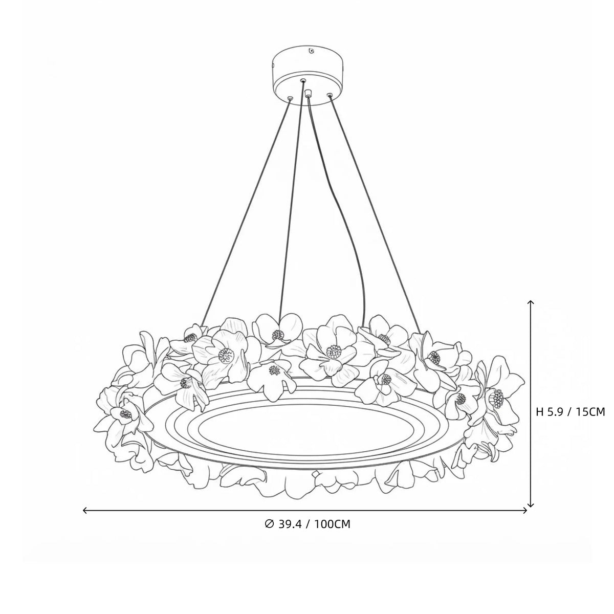 Modern Floral Ring Art Glass Chandelier Line Art Dimension Diagram