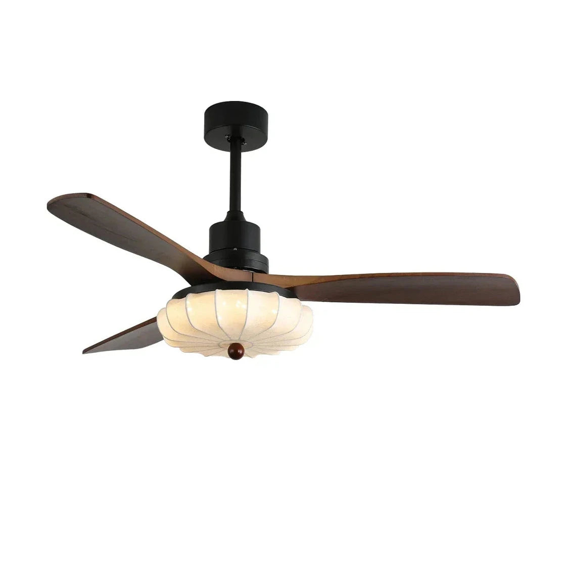 Modern Wooden Blade and Pumpkin Light Ceiling Fan with Black Canopy on Pure White Background
