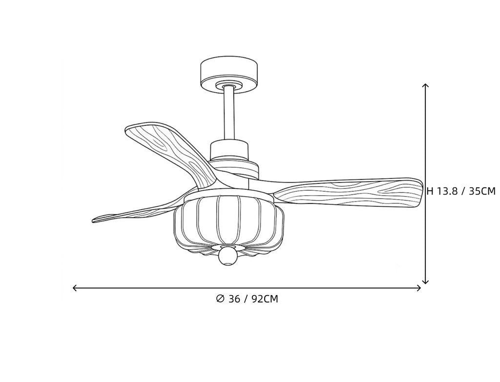 Modern Wooden Blade Ceiling Fan Line Art Dimension Diagram Four