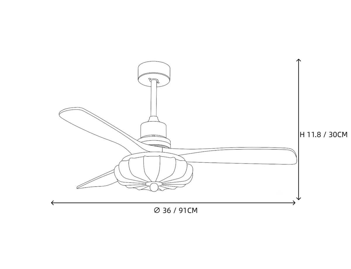 Modern Wooden Blade Ceiling Fan Line Art Dimension Diagram Three