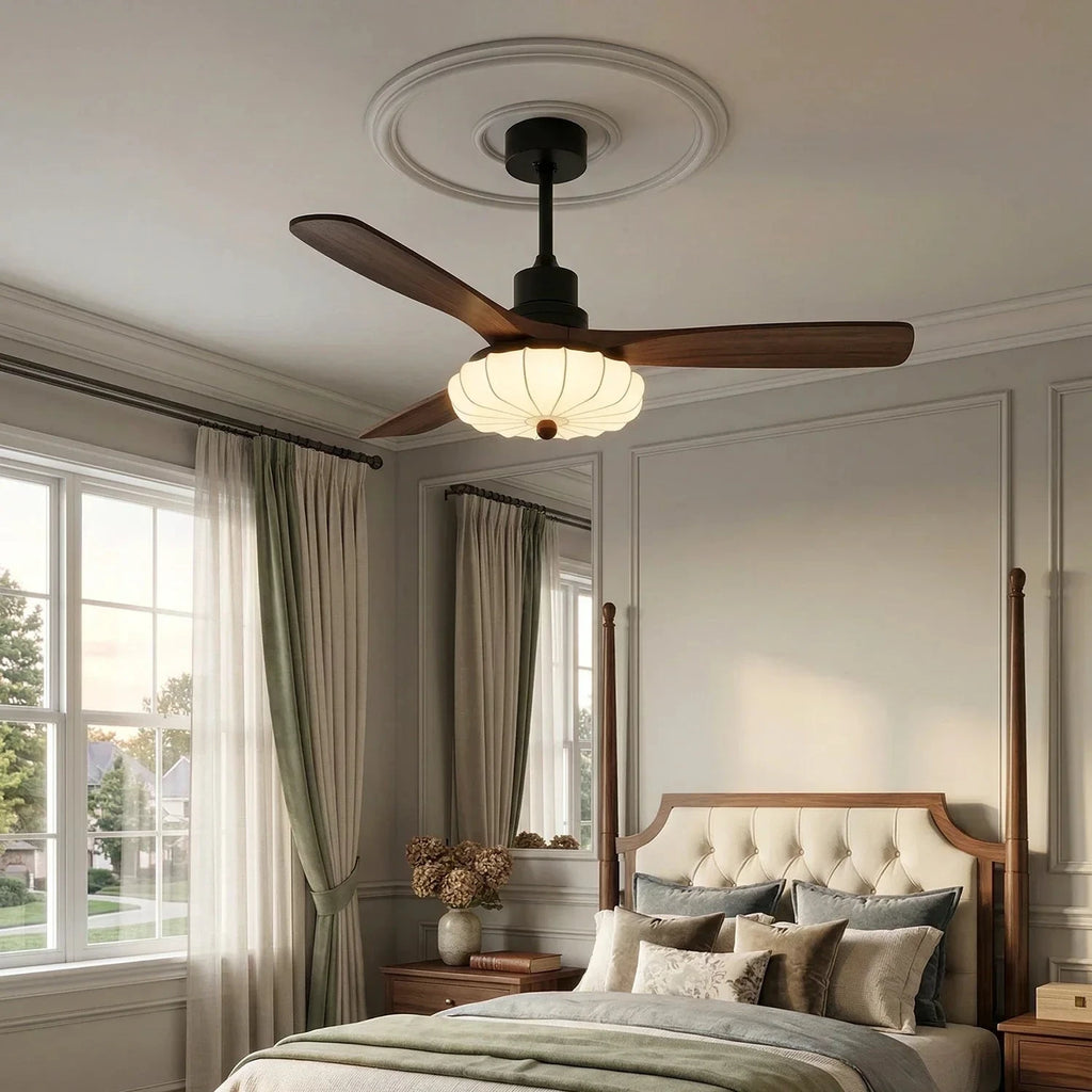 Modern Wood Blade Ceiling Fan with Light in Cozy Master Bedroom