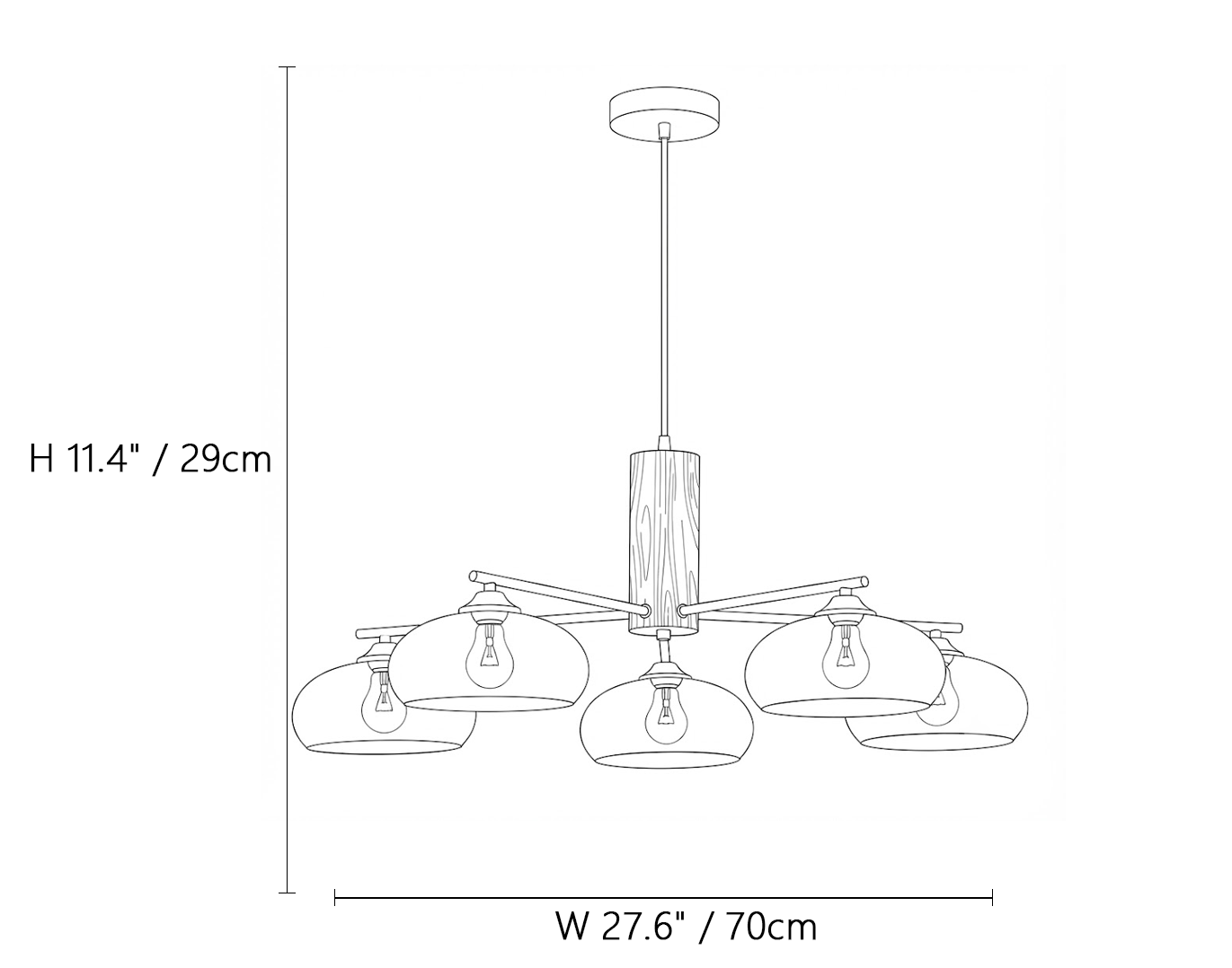 5 Light Wood Mushroom Chandelier Line Art Dimension Diagram