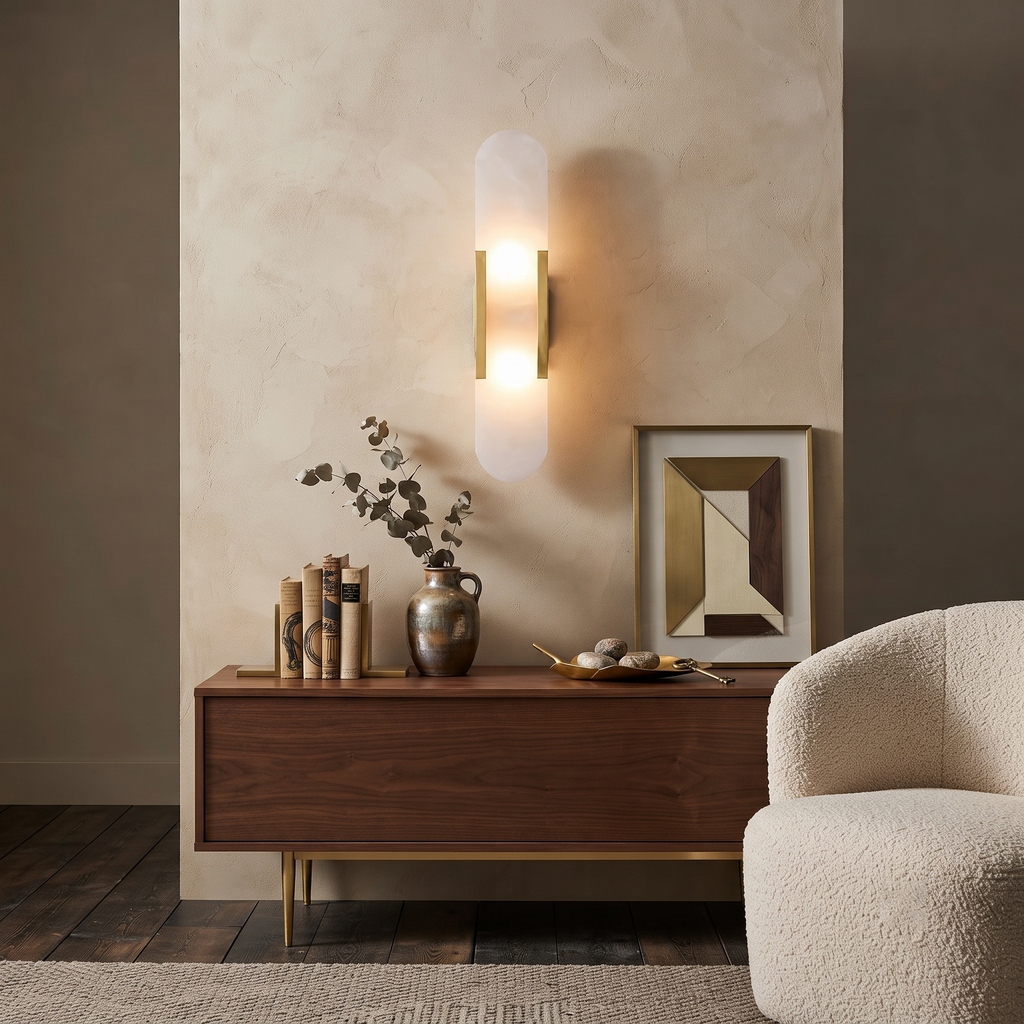 Elongated Alabaster Brass Sconce