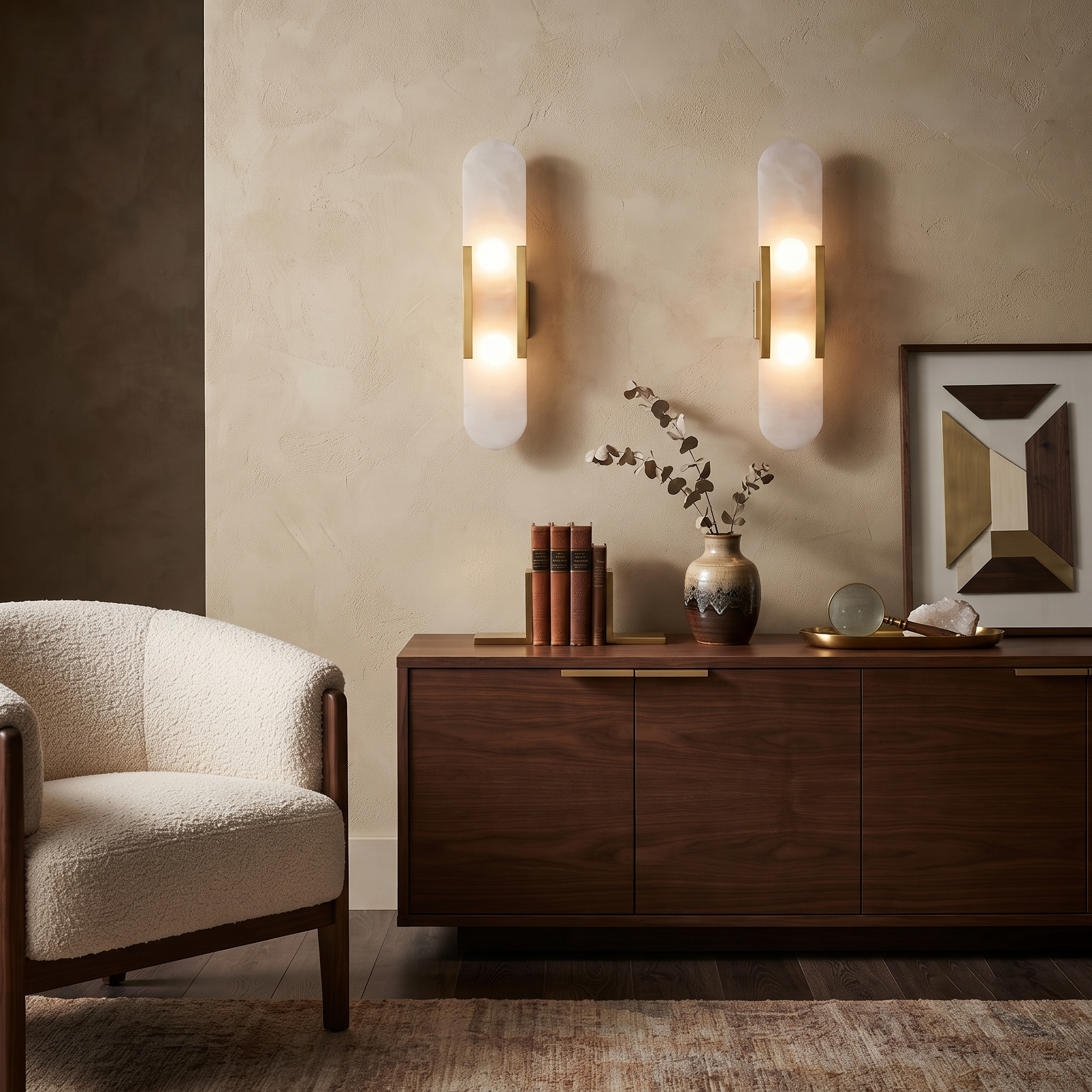 Elongated Alabaster Brass Sconce