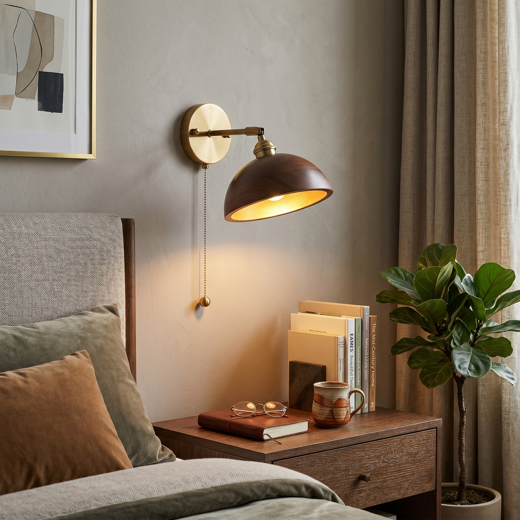 Walnut and Brass Wall Sconce