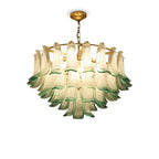 Modern Brass and Green Gradient Feather Art Glass Chandelier with Gold Canopy on Pure White Background