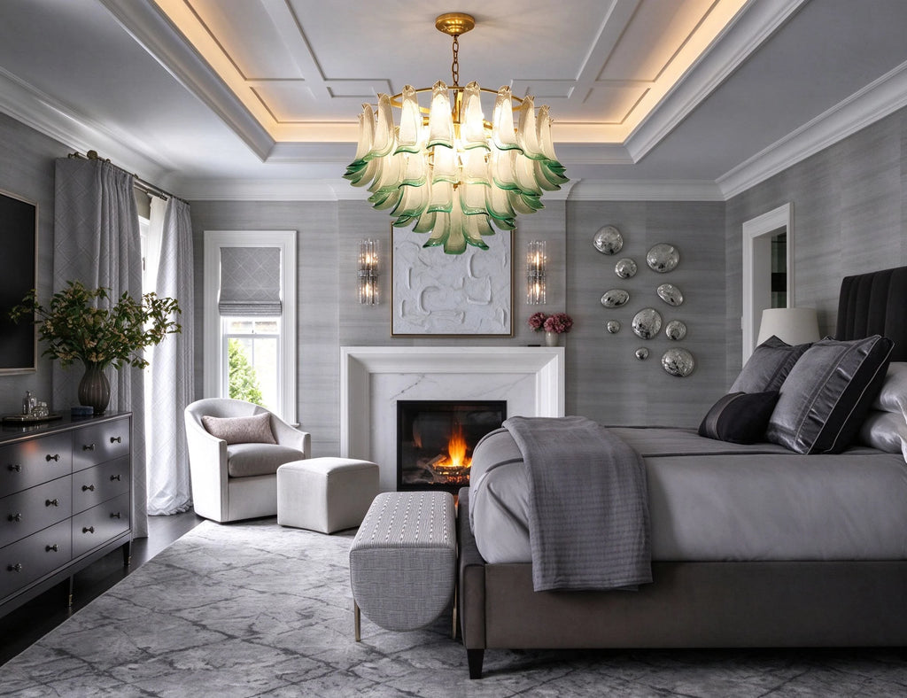 Modern Green Gradient Feather Chandelier in Luxury Master Bedroom