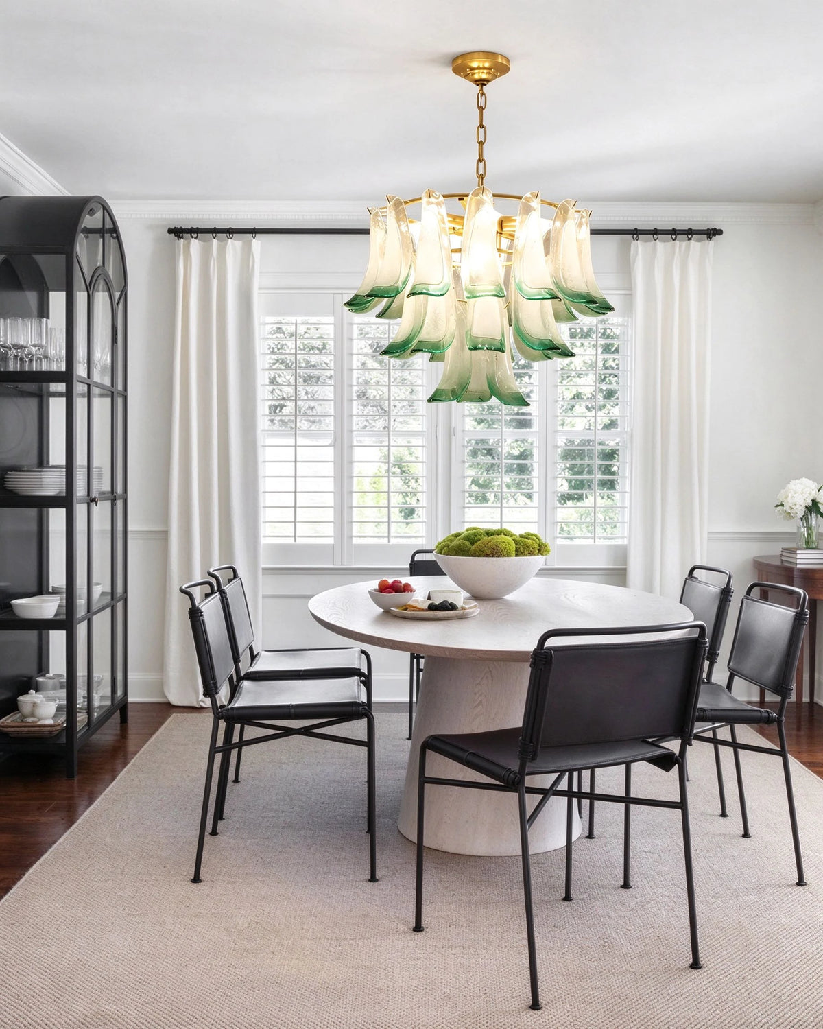 Modern Green Feather Art Glass Chandelier in Elegant Dining Setting