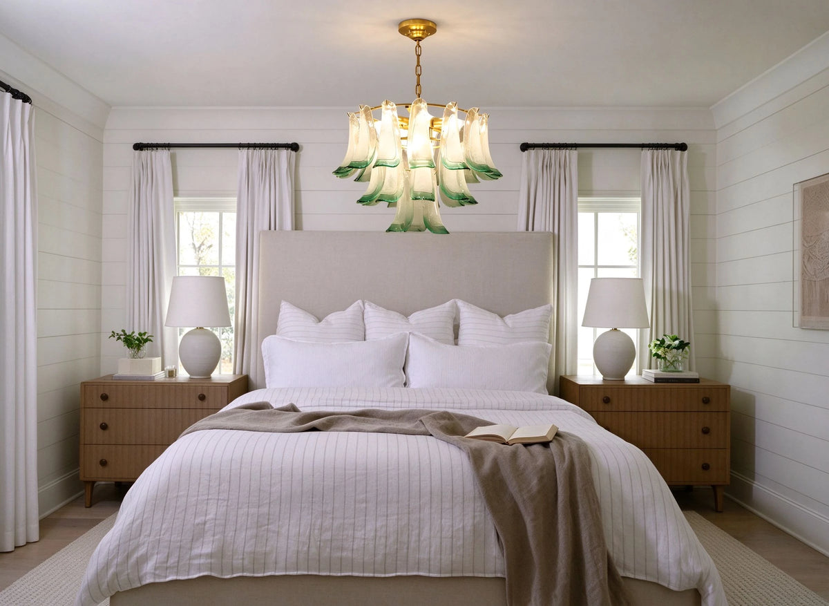 Modern Green Gradient Feather Art Glass Chandelier in Cozy Bedroom Setting