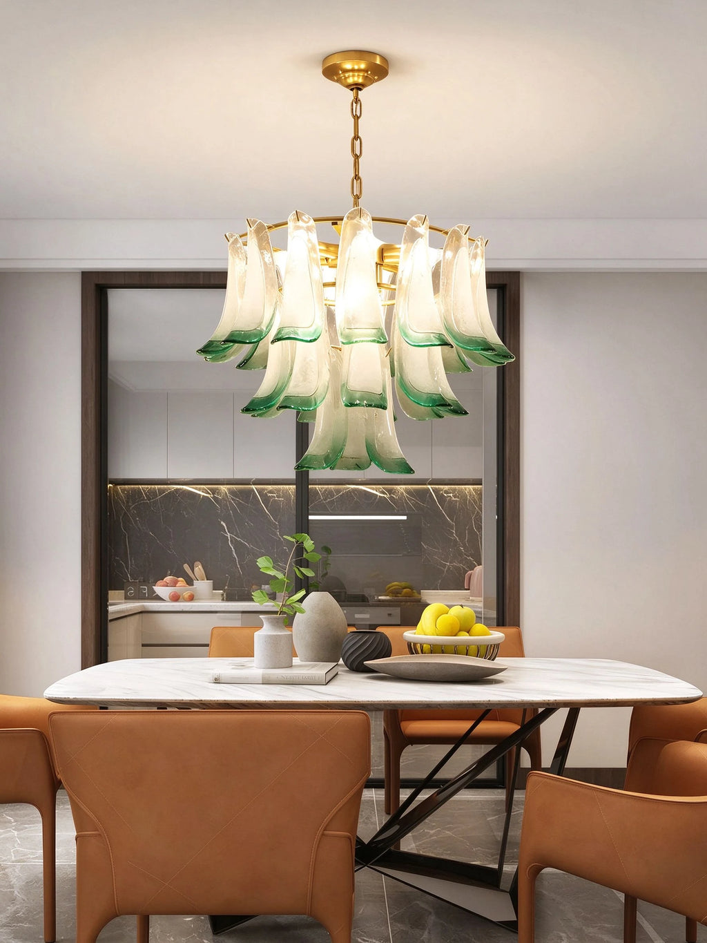 Modern Green Gradient Feather Art Glass Chandelier in Open Plan Dining Area