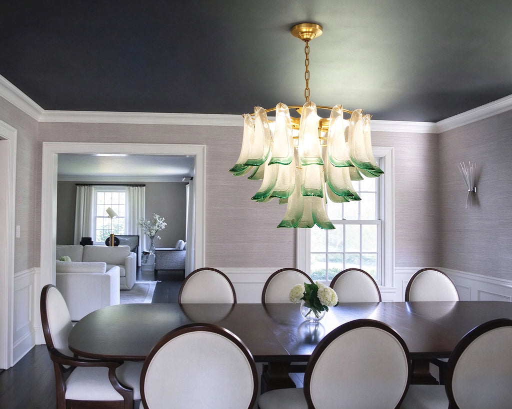 Modern Green Feather Chandelier in Elegant Dining Space