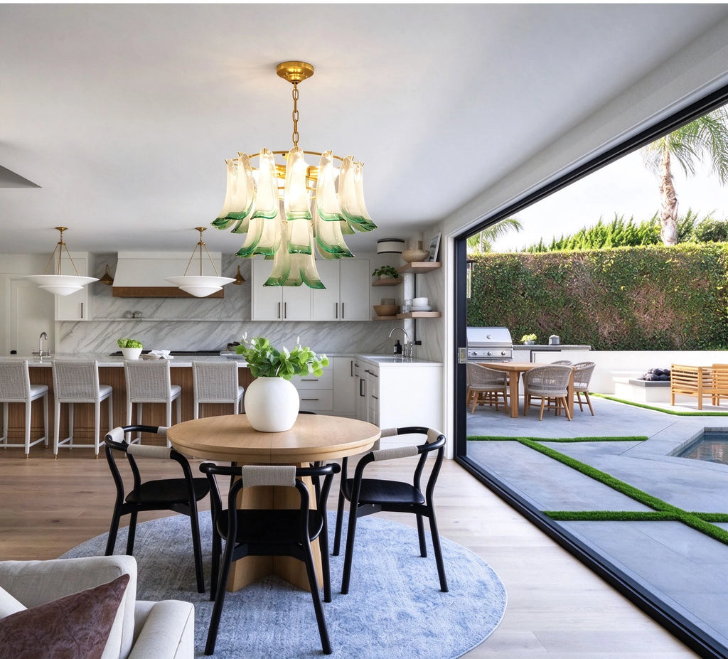 Modern Green Gradient Feather Art Glass Chandelier Over Kitchen Dining Area