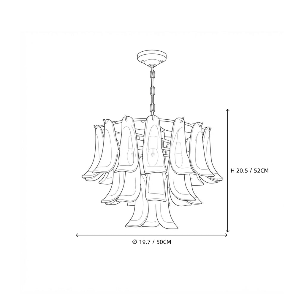 Modern Medium Green Gradient Feather Art Glass Chandelier Line Art Dimension Diagram