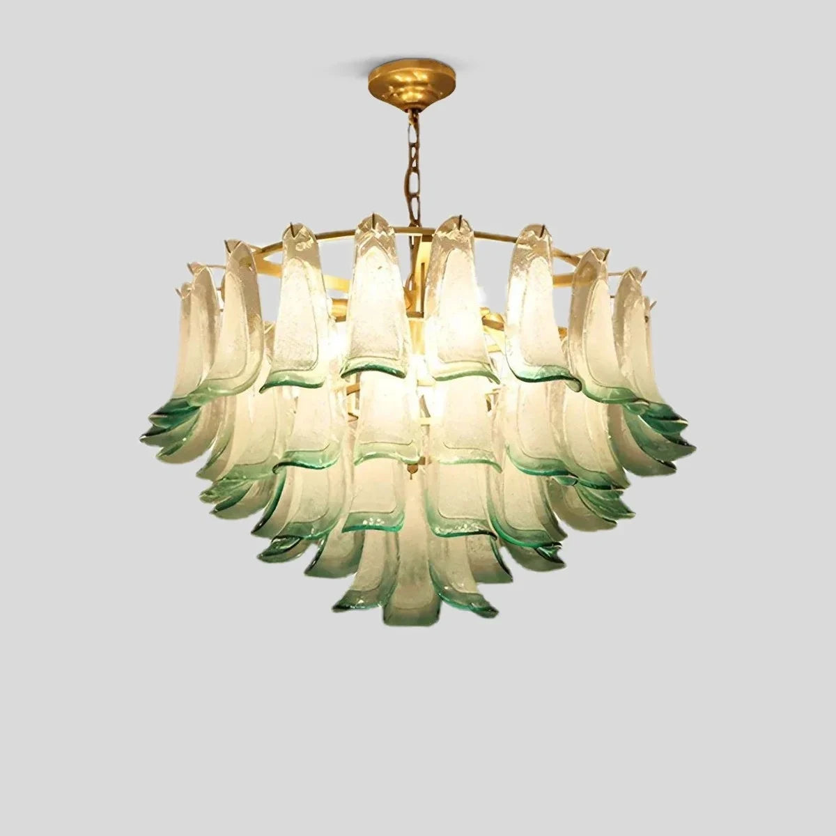 Illuminated Modern Large Green Gradient Feather Chandelier Studio Display