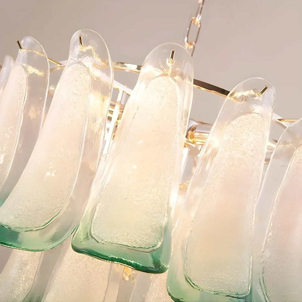 Close Up View of Brass Frame and Multi-Tier Feather Glass Connection Structure